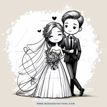 newlywed couple in black and white illustration