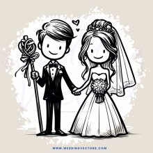black and white illustration of bride and groom holding hands with flowers