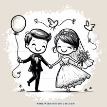 a wedding couple holding hands and flying a balloon