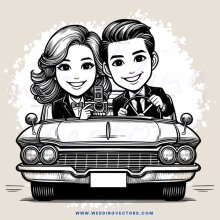 a couple in a car smiling and posing with a camera