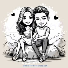 two people sitting on a rock in front of mountains