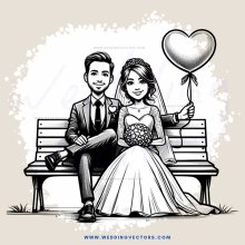 wedding bride and groom sitting on bench side by side posing for picture with heart shaped balloon