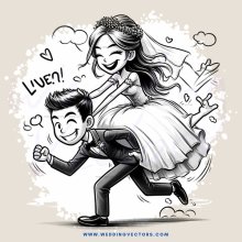 a happy bride and groom running away together