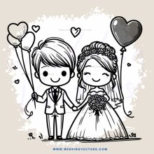 a bride and groom hold hands and look at their wedding party