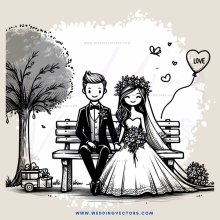 a bride and groom on a bench with trees, flowers, and love letters