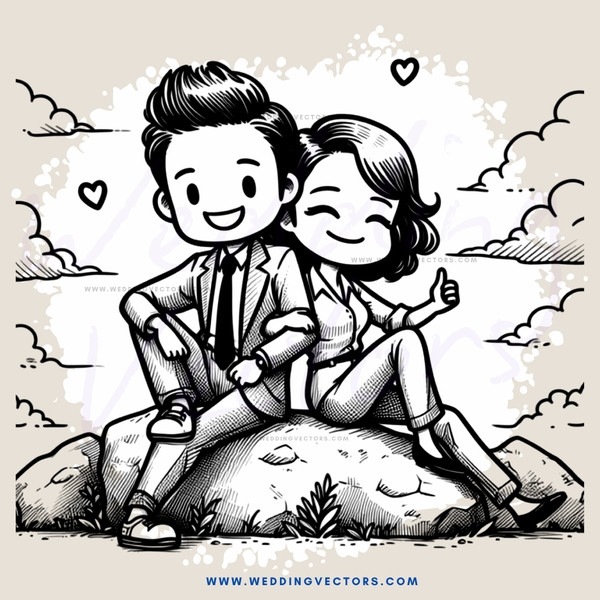 a couple sitting on a rock surrounded by clouds