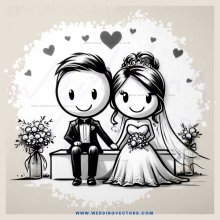 a bride and groom on a bench with flowers