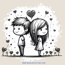 two cartoon figures with hearts surrounding them