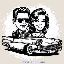 caricature of a man and woman in the driver's seat of a car