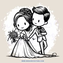 a bride and groom in wedding attire