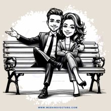 a couple sitting on a bench with one pointing outward