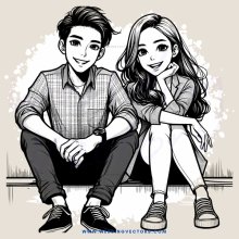 a cartoon drawing of a man and woman sitting down