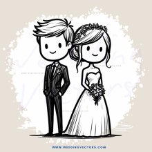 a bride and groom in wedding attire