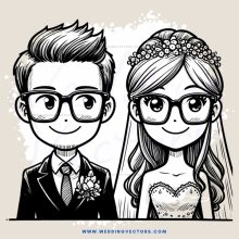 wedding bride and groom portrait, black and white illustration