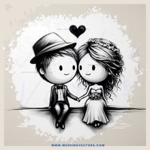 a young couple in wedding attire with hats and an "i <3 u" heart