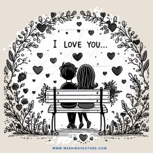 a couple on a bench with love hearts around them