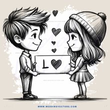 a boy and girl holding a sign that says "l" with hearts above their heads