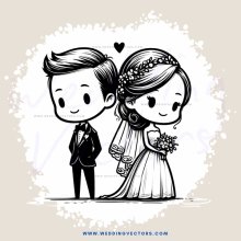 wedding couple in black and white cartoon illustration