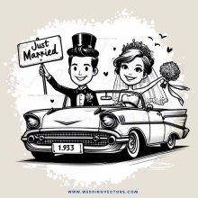 a car and two people in it with one reading "just married" from a sign