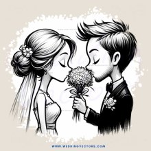 a bride and groom kissing with flowers in their hands