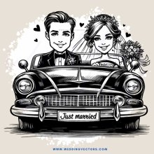 a man and woman ride in a car that says "just married" on its bumper