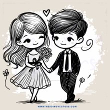 a boy and girl holding hands with flowers