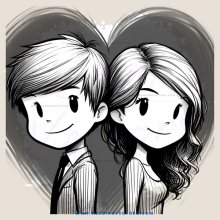 cartoon boy and girl with hearts for faces