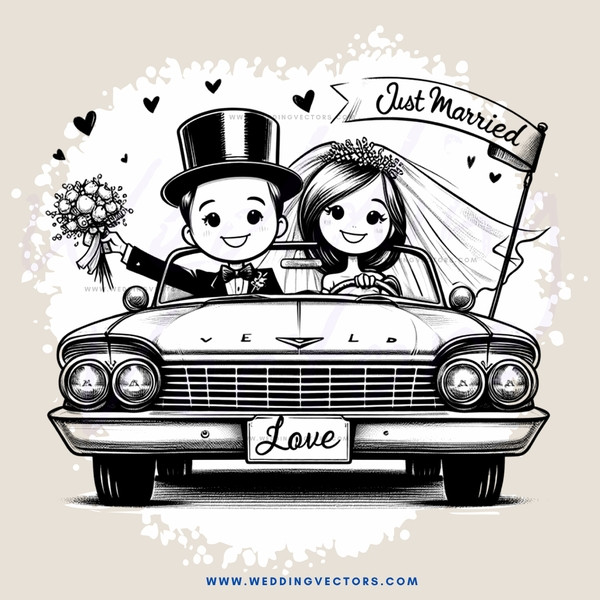 a wedding photo with vintage car