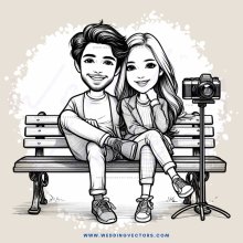 boy and girl posing for picture on bench with camera
