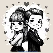 young couple posing together with hearts behind them