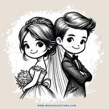 a bride and groom in wedding attire
