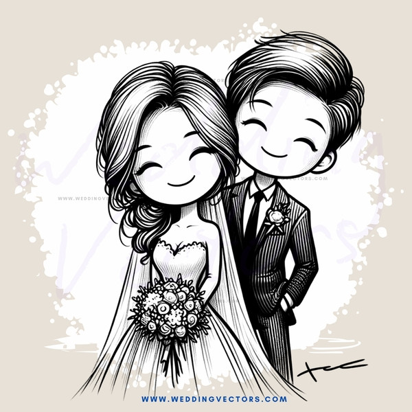 a bride and groom in black and white illustration