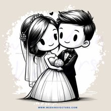 bride and groom hugging in black and white cartoon style