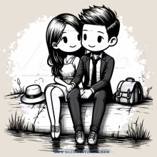 couple sitting on a bench with luggage and hats