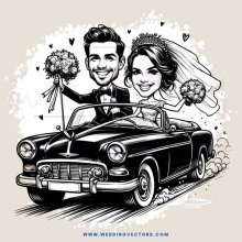 a black and white wedding caricature with bride and groom