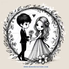 a couple standing in a circle with flowers and leaves