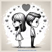 two kids in black and white cartoon with hearts