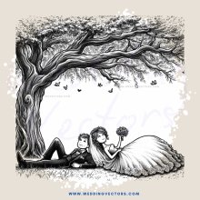 a couple under a tree with birds