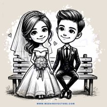 wedding bride and groom sit on bench with flowers