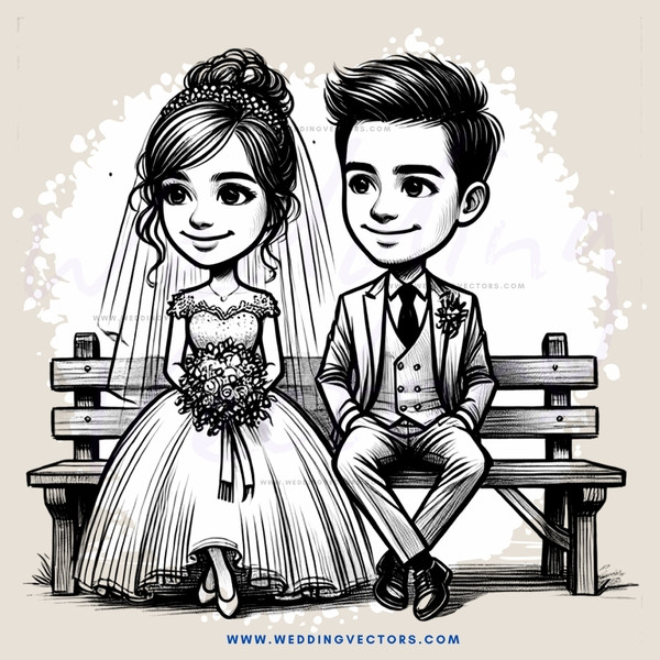 a bride and groom on a bench
