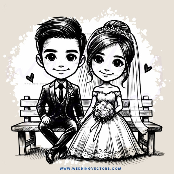 a bride and groom on a bench