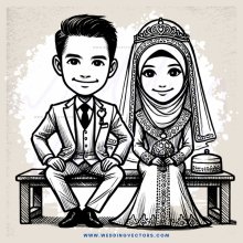 a bride and groom seated on a bench