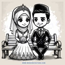 the bride and groom sitting on a bench