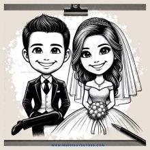 a bride and groom cartoon picture with pen on top
