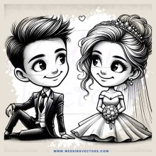 a bride and groom with hearts over their heads