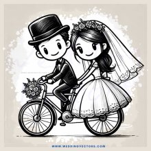 bride and groom on bike with flowers
