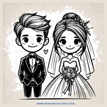 wedding couple in black and white cartoon art