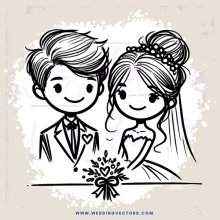 wedding portrait of bride and groom in cartoon style with flowers on table