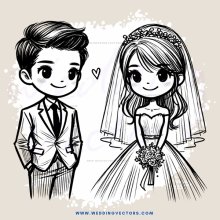 wedding bride and groom drawing (cartoon) in black & white