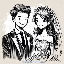 groom and bride posing for picture in wedding outfit